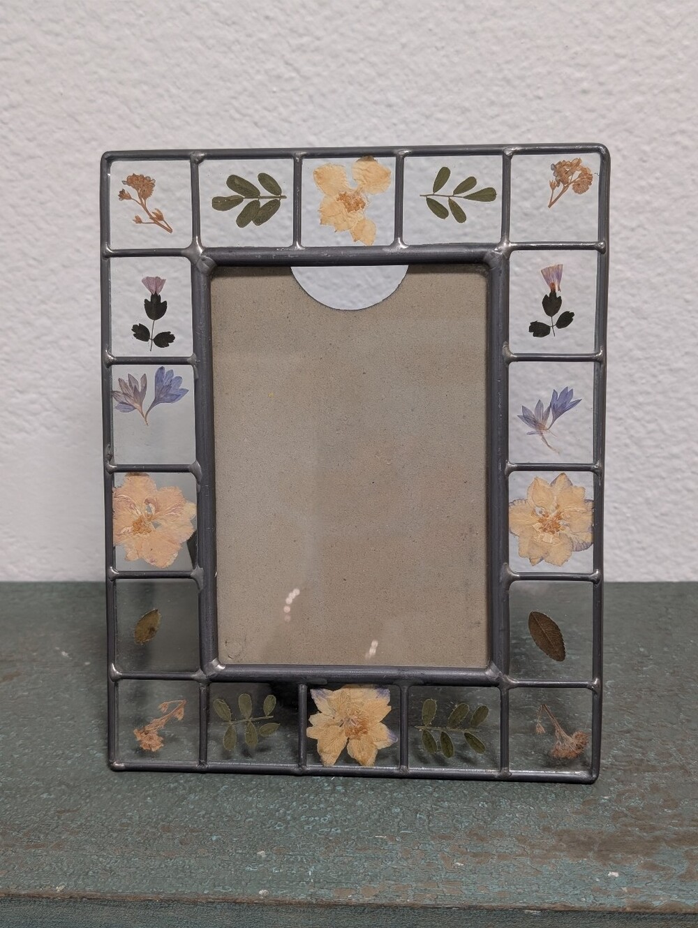 Pressed Flower Metal Leaded Glass Picture Frame 6" X 7.5” Cottage Chic Easel